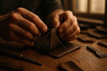 Artisan sewing leather wallet by hand