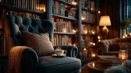 Cozy armchair with a knitted throw and steaming cup of coffee, surrounded by bookshelves filled with books, creating a warm and inviting reading nook atmosphere