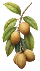 Obraz premium Beautiful illustration of a sapodilla fruit branch with leaves on white background