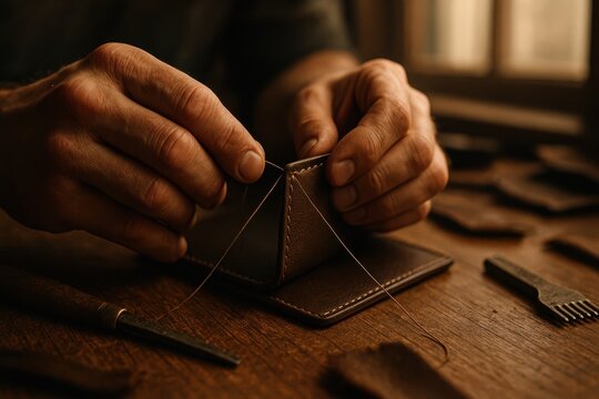 Artisan sewing leather wallet by hand