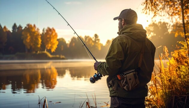 Man Fishing at Sunrise in Autumn