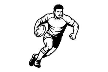Naklejka premium Rugby Player Charging Forward with Ball Cartoon Vector – Black and White Line Art Generative AI