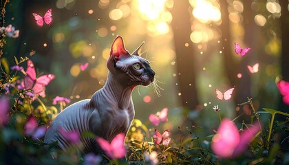 Hairless Cat Amidst Pink Butterflies and Flowers in a Sunlit Forest