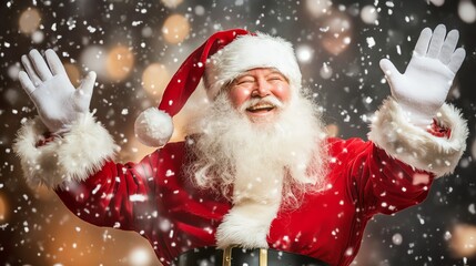 A joyful Santa Claus in a festive setting. He's smiling and waving, surrounded by falling snow and sparkling lights, embodying the spirit of Christmas and spreading happiness.