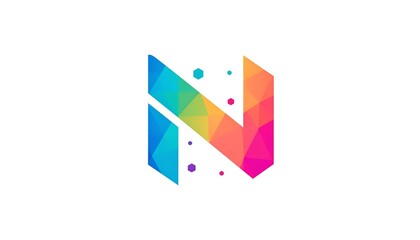 A colorful, geometric design resembling a capital letter "N". The symbol is segmented into various triangles and colors, with small dots