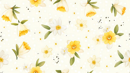 Obraz premium Seamless pattern featuring daffodils and other flowers in shades of yellow and white, creating cheerful and vibrant atmosphere