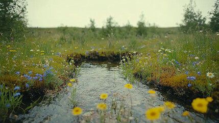 A serene stream flows through a vibrant meadow filled with wildflowers