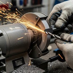 Sharpening a Drill Bit on a Bench Grinder with Sparks.