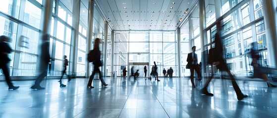 Silhouettes of people in motion blur walking through a spacious modern office lobby with tall glass walls. The scene conveys business, corporate lifestyle, and urban daily routine.
