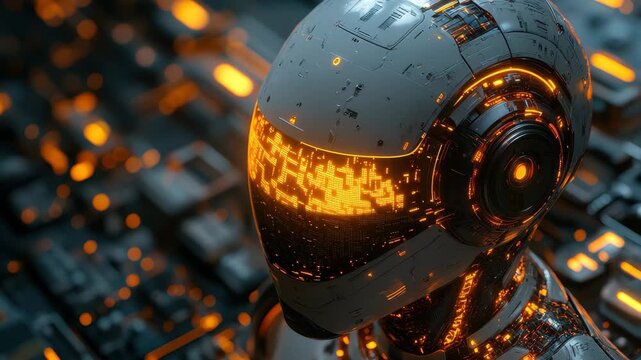 Futuristic robotic head with glowing patterns and intricate circuitry in a dark, high-tech environment