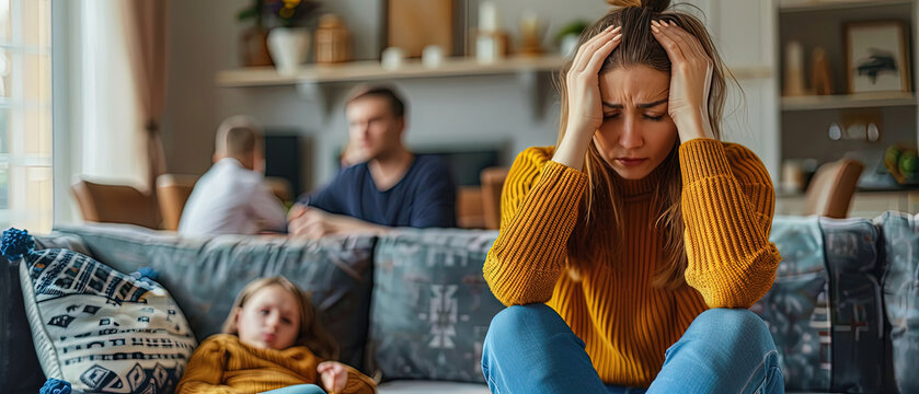 Exhausted young mother sitting on a couch holding her head in frustration while children play in the background. Concept of stress, burnout, parenting challenges, and family responsibilities.
