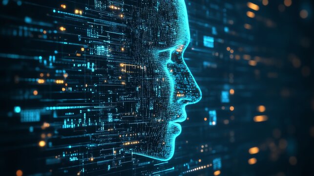 An abstract representation of artificial intelligence, featuring a digital face intertwined with data streams