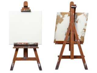 Blank artist canvas on wooden easel isolated on white background