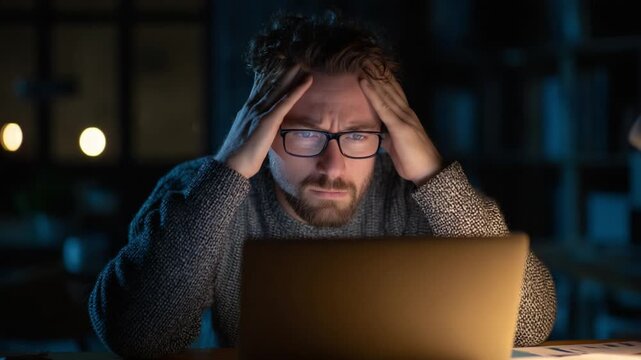 A man experiences frustration and stress while working late at night on a laptop, overwhelmed by complex tasks and challenges in an illuminated room.