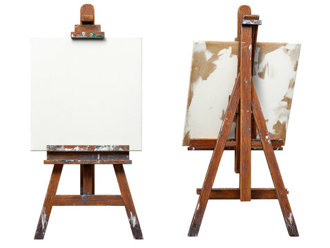 Blank artist canvas on wooden easel isolated on white background