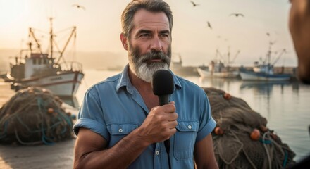 Senior man journalist reporting a speech in front of fishing boats during sunset. News report from harbor as interview concept.