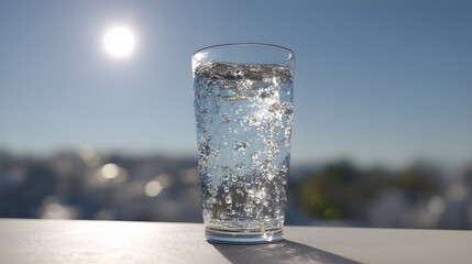Glass of sparkling water with bubbles under sunlight, summer refreshment