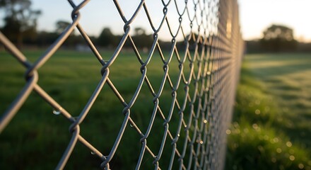 Chain-link fence with a blurred background of a green field.