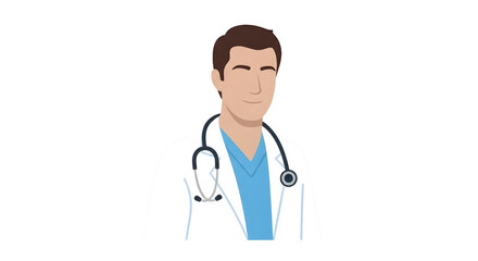 Fototapeta premium Vector illustration of a male doctor character wearing a lab coat and stethoscope. Flat design portrait of a healthcare professional