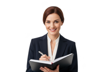 Smiling businesswoman holding a notebook and pen isolated on transparent background