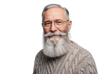 Obraz premium Older Man with White Beard Wearing Cable-Knit Sweater on White Background