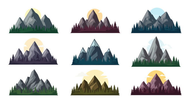 Mountain Range Vector Set with Varied Colors and Silhouetted Trees.