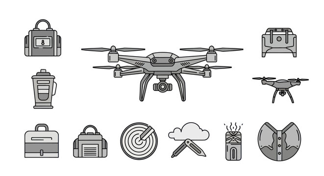 Collection of Drone and Travel Gear Icons.