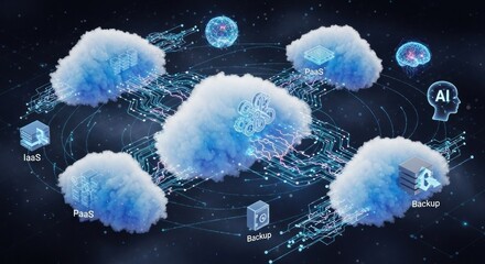 A digital illustration depicting a cloud network with various cloud services and icons.