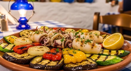 Grilled Calamari and Vegetables - A Mediterranean Delight on a Rustic Plate.