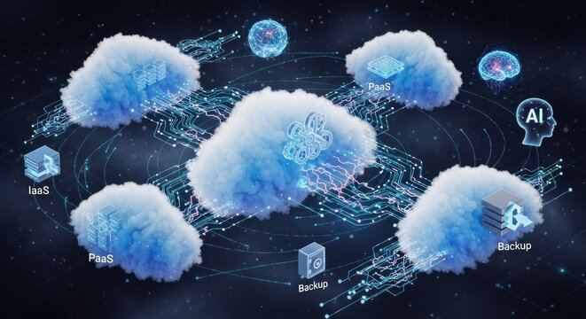 A digital illustration depicting a cloud network with various cloud services and icons.