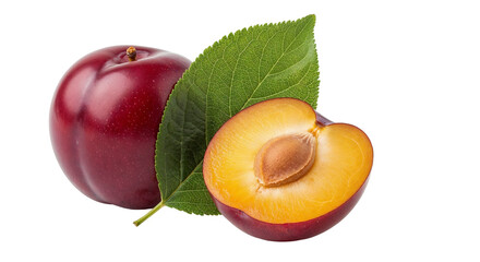 Whole and Halved Plum with Green Leaf on White Background