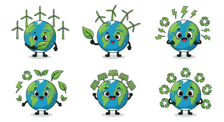 Fototapeta premium Six Cartoon Earth Characters Illustrating Environmental Concepts.