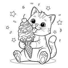 Adorable Kitten Enjoying a Delicious Ice Cream Cone Coloring Page.