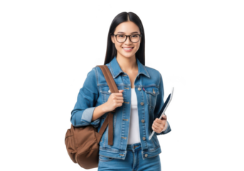 Young asian woman with glasses and backpack isolated on transparent background