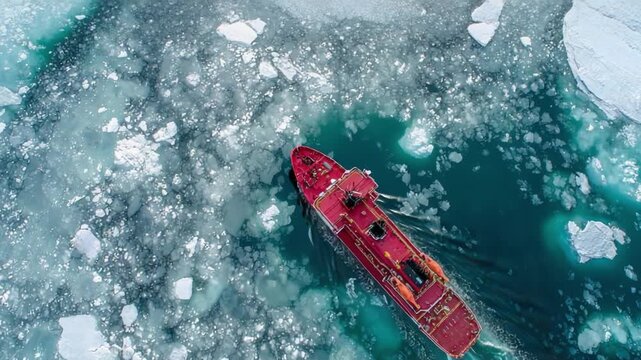 A Stunning Aerial View of a Bold Red Icebreaker Vessel Navigating Through a Frozen Arctic Landscape Filled with Floating Ice and Glacial Debris
