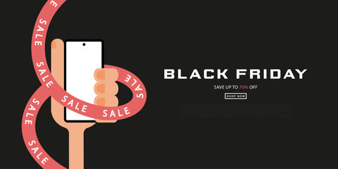 Black Friday marketing banner in flat modern style, with hand holding smartphone and wrapped with red ribbon with sale text, to promote online shopping. This design is perfect for advertising