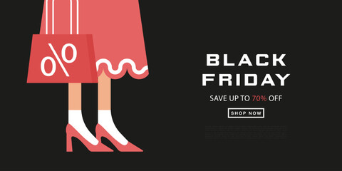 Black Friday advertising banner featuring a woman in a red dress holding a shopping bag with a percent symbol. This composition is perfect for fashion and accessory sales, advertising design, vector