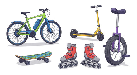 Diverse Personal Mobility Devices: Electric Bike Scooter Unicycle Skateboard Inline Skates. © Il