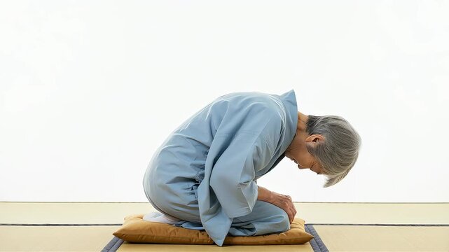 座布団の上に正座し、和服姿で深く頭を下げて謝罪・お辞儀をする、白髪の高齢女性