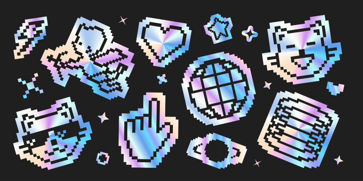 Set of holographic pixel art icons, combining a retro 8-bit style with a modern iridescent gradient. This collection of futuristic gamer-themed stickers is perfect for tech and creative projects