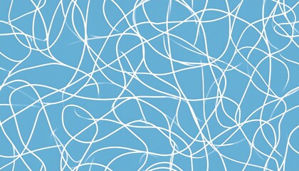 Abstract Blue Background with White Chaotic Tangled Lines and Swirls Pattern