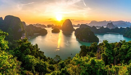 Stunning Panoramic View of Limestone Karsts in Halong Bay Vietnam During Golden Hour With Lush Green Foliage in Foreground