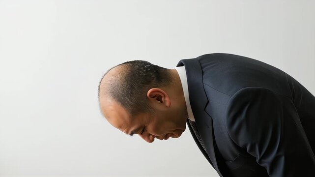 責任を取り、苦渋の表情で深々と頭を下げて謝罪をするスーツ姿の中高年ビジネスマンのアップ