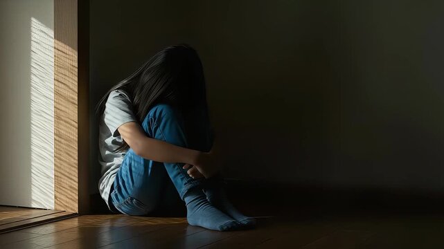 いじめや社会的不安を暗示する、ドアの横の暗がりに座り込み、顔を隠すように項垂れる女性