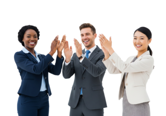 Business Team in Suits Clapping and Smiling on White Background