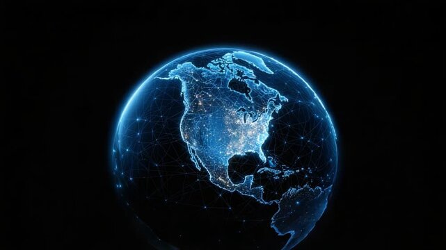 A Stunning Digital Representation of North America Illuminated by Connecting Networks, Showcasing a Networked Earth View with Bright Cities and Geographical Details