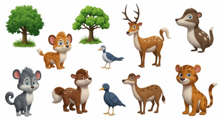 Fototapeta premium Adorable Cartoon Forest Animals and Trees Collection.
