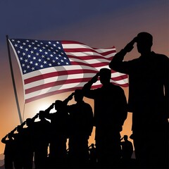 Honoring Service - Soldiers Saluting the American Flag at Sunset.