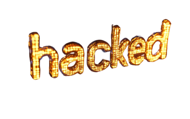 Illuminated "hacked" word, digital font, sparkling lights against stark black background
