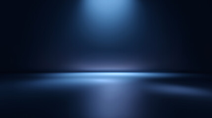 Minimal clean backdrop with soft blue spotlight, smooth reflective floor, and dark gradient background, perfect for product photography or modern presentations, creating calm and elegant mood
